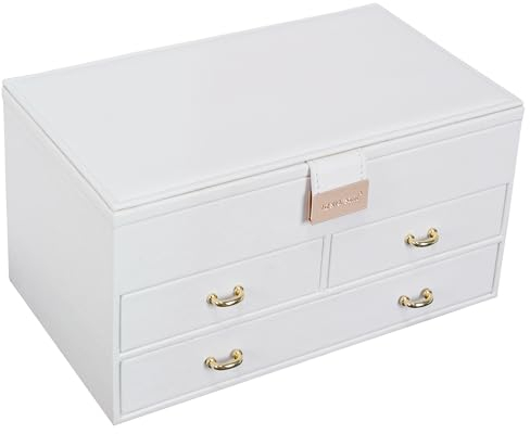 ADEL DREAM Portagioie a 3 Livelli con Fibbia in Oro Rosa Custodia per Gioielli in Pelle PU Regalo in Morbido Velluto per I tuoi Cari e Amici Bianco