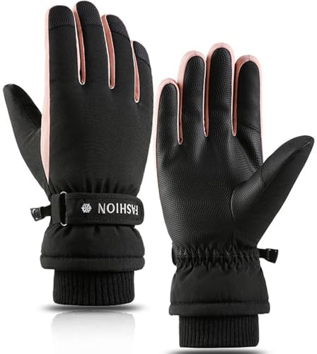 FAYHIJUN Waterproof Gloves Women Winter Thermal (-25°F) Cold Weather Touchscreen Ski Gloves Ladies for Cycling Running Hiking Walking Driving (M/L, Black/Pink)