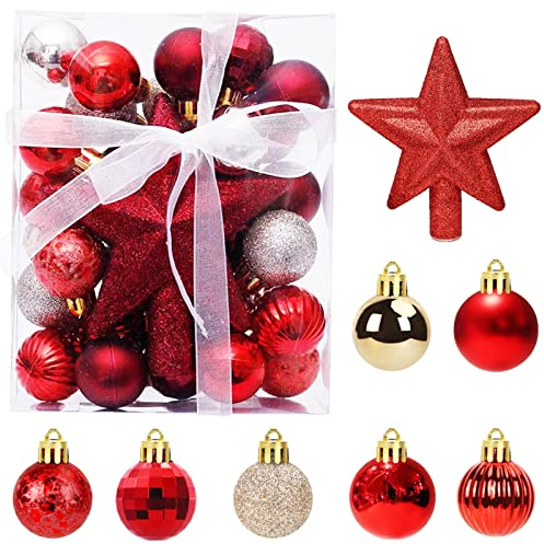 30 Stück Mini Weihnachtskugeln mit Aufhänger,3CM Klein Christbaumkugeln Rot & Gold Kugeln Mini Weihnachtsbaum Tisch-Weihnachtsbaum Dekorationsset
