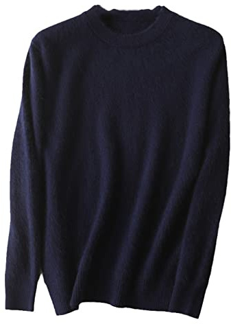 Vsadsau Men's 100% Pure Mink Cashmere Pullover Sweater Crewneck Large Size Mink Knitted Jumper Tops Navy Blue L