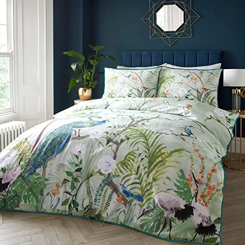 SOIREE Jungle Peacock Duvet Cover King Size (230x220cm) – Cotton Sateen Luxury Bedding with Tropical Birds – Piped Edge – 2 Pillowcases – Green Exotic Animal Design