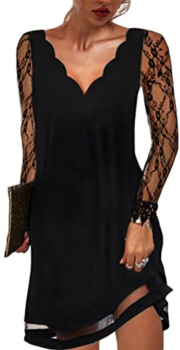 Minetom Femmes Col V Robe à Manches Longues Tunique Élégant Couleur Unie Dentelle Soirée Fête Mini Shirt Robes C Noir M