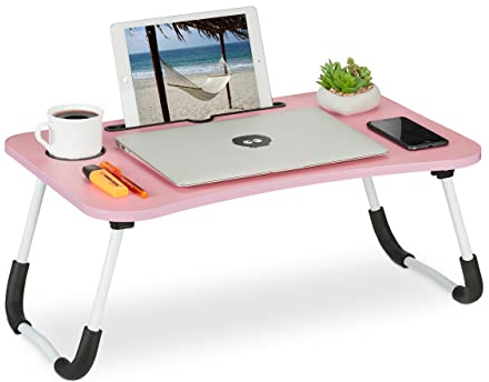 Relaxdays Laptoptisch für Couch, klappbar, Tablethalter, Getränkehalter, Betttisch, HxBxT 26 x 63 x 40 cm, rosa/weiß