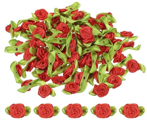 PATIKIL Mini Rose di Nastro, 100pz Piccoli Fiori Stoffa Raso con Foglie Verdi Applicazioni Rosoni per Artigianato Fai da Te Cucito Matrimonio, Rosso