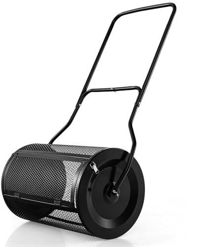 COSTWAY Esparcidor de Compost de 60,5 cm, Esparcidor de Turba con Mango en Forma de U Mejorado, Cierres Laterales, Rodillo de Malla de Metal Resistente para Fertilización y Siembra (Negro)