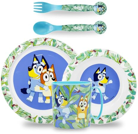 Sorrisini Ensemble de vaisselle pour enfant, Vaisselle réutilisable pour enfants, Services pour Enfant et adapté au micro-ondes, Set de table pour enfant, assiette et bol, couverts, tasse 350ml, Bluey