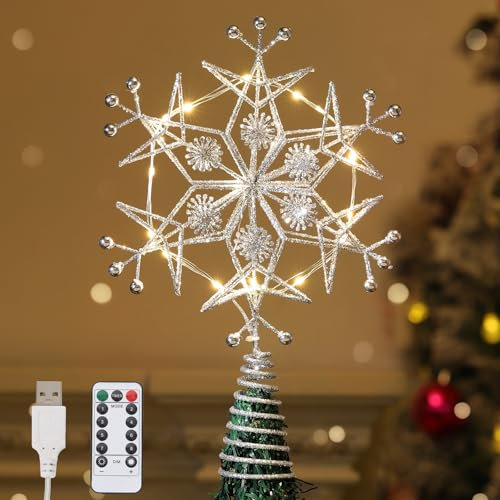 Lewondr Christbaumspitze, Metallrahmen Schneeflocke Weihnachtsbaumspitze mit 15 Lichtkugeln, USB Betrieben Weihnachten Baumspitze mit 6H Timer, Weihnachtsbaum Dekoration für die Weihnachtsdekoration