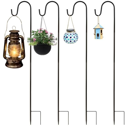 ASelected Metal Shepherds Hooks for Garden Lights,80Cm Adjustable Shepherds Hook with Metal Stake Base,Garden Heavy Duty Hooks for Hanging Lanterns,Plant Baskets,Garden Lights,Wedding,Black 4Pcs