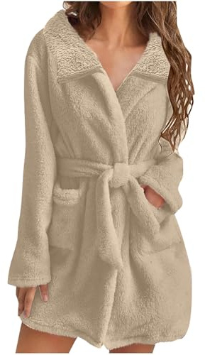 Mrat Vestaglia da donna con cappuccio in pile felpato corto accappatoio in pile orsacchiotto leggero indumenti da notte morbido accappatoio in flanella con cintura pigiama taglie forti comodo