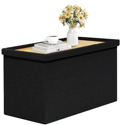 Bonlife Large Ottoman Bench with Coffee Table,Linen Toys Chest with Lid, Folding Footstool for Living Room,Support 250KG,Black,76x38x38CM