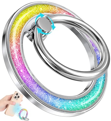 LISEVO Phone Ring Holder Compatible with MagSafe - Magnetic Cell Phone Grip Women Glitter Magnet Removable Finger Ring Grip Stand Cute Girly Sparkle for iPhone 17 16 15 14 13 Pro Max Plus Air, Rainbow