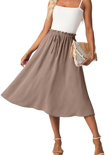FREEOAK Summer Boho Flowy A-Line Midi Skirt 2026 Elastic Waist Vacation Beach Dress with Pockets L Taupe