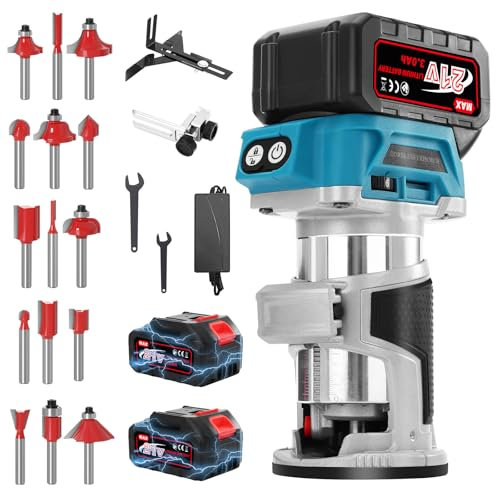 Yofuly Fresadora de Madera a Batería 30000RPM, 2PCS 3.0Ah Baterías, Multifunción Fresadora Rebajadora Eléctrica Portátil para Trabajar la Madera con 15PCS de Mandriles Collets 1/4