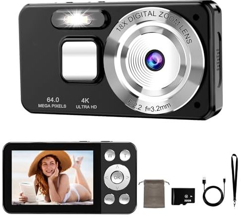 Appareil Photo Numérique 4K 64MP, Zoom 18x, Autofocus, Time-Lapse, Écran 2.8'' Rechargeable，Webcam, Trou pour trépied, Carte SD 32GB, Idéal pour Enfants, Débutants et Voyages