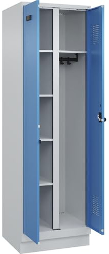 kaiserkraft FRANKEL Vestiaire pour Produits de Nettoyage Evolo Plus | 1 Compartiment | cloison médiane Centrale | Gris Clair/Bleu Clair | l 600 mm | avec Socle | loqueteau
