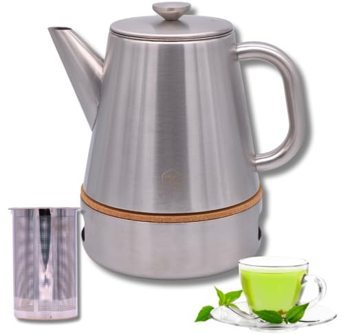 Edelstahl Teekanne 1 Liter mit Stövchen - Doppelwandig, Tropffreier Ausguss - mit Siebeinsatz für losen Tee oder Teebeutel (Silber)