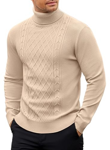 COOFANDY Maglioni da Uomo Maglione a Maglia Pullover a Collo Alto Maglione Firmato Maglioncino da Lavoro Sweater a Maniche Lunghe Felpa Leggero Beige XXL