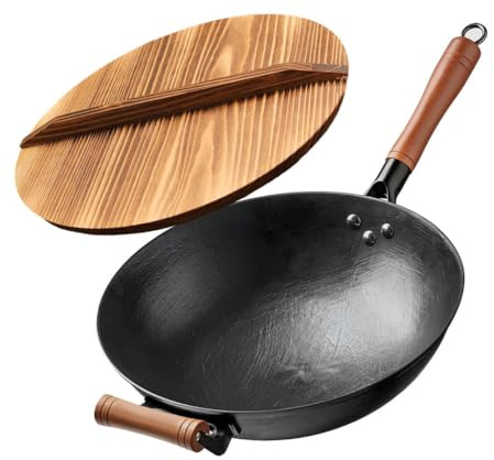 AIZYR Sartén Wok De Hierro Fundido Sartén Profunda, Sartén China para Saltear con Tapa Y Asa Sartenes Utensilios De Cocina De Hierro Ideal para Cocinas De Gas,32cm