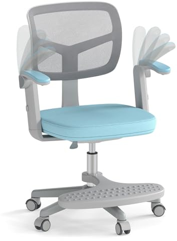 LIFEZEAL - Silla de Oficina Infantil Giratoria 360° con Reposapiés, Silla de Estudio con Altura Ajustable, Apoyabrazos Elevables, Silla Ergonómica para Niños, Carga 150 kg (Azul)