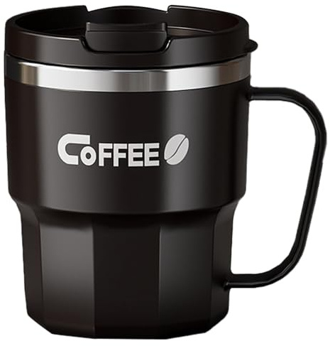 MiOYOOW 304 kaffekopp i rostfritt stål, 400 ml mugg, muggar med handtag och dubbelväggigt lock för varmt och kallt kaffe, mjölk och te