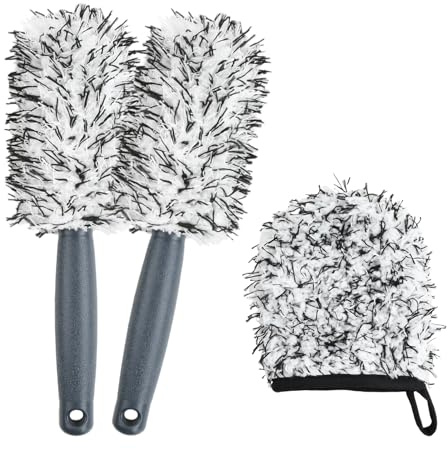 2 Pièces Brosse Jante Voiture avec Gant Lavage Brosse Nettoyage en Microfibre Kit Nettoyage Voiture, Outil de Nettoyage & Entretien Jante pour Voiture, Moto et Vélo