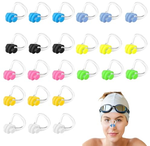 24 pezzi Tappanaso per Piscina, Clip per naso nuoto silicone antiscivolo adulti e ragazzi clip naso colorate riutilizzabili dimensioni 30x25 mm accessori nuoto piscina allenamento sport acquatici
