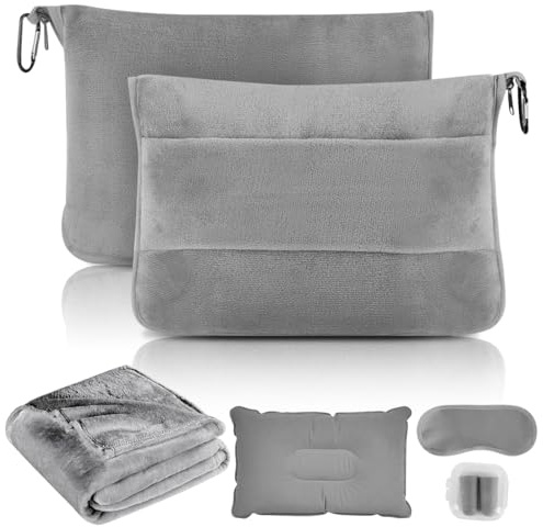 XUTUUDID Couverture de voyage 3 en 1 ultra légère et chaude pour avion et voiture, coussin gonflable portable avec housse, clip sac à dos, housse de bagages, masque pour les yeux et bouchons