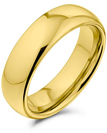 Bling Jewelry Anillo de boda de titanio simple y liso para parejas, cúpula pulida, chapado en oro de 14K, para hombres y mujeres, ajuste cómodo de 6MM