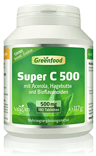 Super C 500, hochdosiert, 500mg - 180 Tabletten, vegan. Vitamin C mit Acerola, Hagebutte & Bioflavonoiden - für hohe Bioverfügbarkeit. OHNE künstliche Zusätze - laborgeprüft. Von Greenfood.