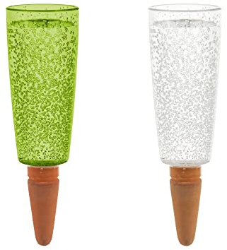 Scheurich Dispensador de agua Copa XXL, juego de 2 unidades, color verde/transparente, capacidad de 1000 ml, bola de riego pequeña con base de arcilla, dispensador de agua para plantas y flores, tallo