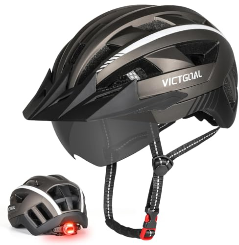 VICTGOAL Bike Helmet for Men Women with Led Light Detachable Magnetic Goggles Removable Sun Visor Mountain & Road Bicycle Helmets Adjustable Size Adult Cycling Helmets (L: 57-61 cm, Ti)