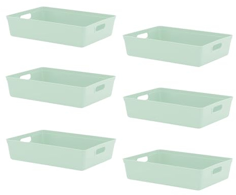 simpa 6L 6 Litre Plastic Storage Basket Studio Organiser Trays with Handles - Sage Green, Set of 6 Trays - 8cm (H) x 35cm (L) x 26cm (W)