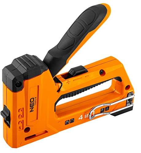 NEO TOOLS Agrafeuse à main pour meubles 4 en 1 6-14 mm pour agrafes type J, G, L, E, corps en aluminium, poignée profilée recouverte de plastique
