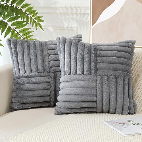 JOTOM Fundas de Cojín de Piel de Conejo de Imitación 45x45 cm a Rayas Funda de Almohada para Sofá Sala de Estar Cama Granja Decoración del hogar Juego de 2