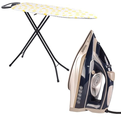 Beldray COMBO-9213 Single Temperature Iron & Ironing Board - Precision Steam Iron, One Temp Technology, 200G/Min Steam Shot, Collapsible Ironing Table, Lightweight, Washable Lemon Cover, 115 x 36 cm