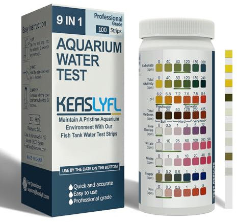 Kit de prueba de acuario con eBook-100 tiras 9 en 1, kit de prueba de agua salada y agua dulce para acuario, estanque y pecera, prueba de carbonato, alcalinidad, pH, dureza, cloro libre, nitrato,