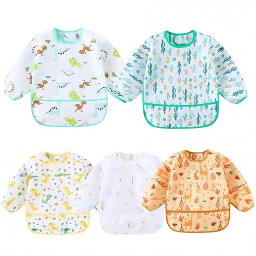Hafftnun 5-Pack Baby Long Sleeve Waterproof Bib Full Coverage Apron Bib Smock Toddler Bibs with Pocket 3-30 Months