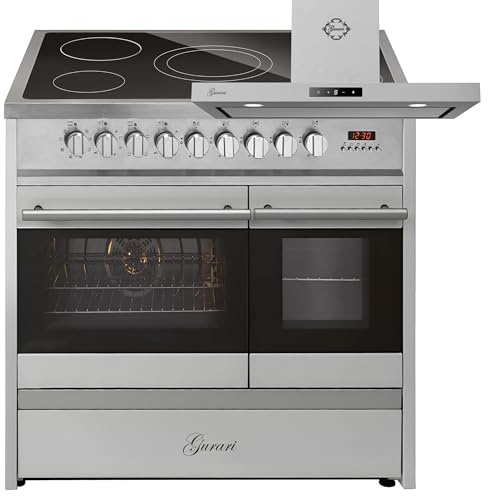 GURARI Elektrisk stativspis GCH E 912 DF X+CH 5001, elektrisk stående spis 90 cm med 1-vägs teleskoputdrag, dubbel ugn köksfläkt 90 cm