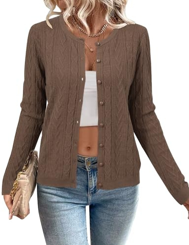 Arach&Cloz Cardigans for Women UK Lightweight Crew Neck Casual Ladies Sweaters Coffee L