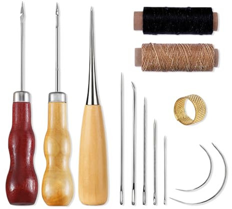 GIDWRIY Leder Nähen Werkzeug Set, 2 Rollen Wachsfaden, Sattlernadel Ledergarn, Nähahle Ledernadel und Faden Schuh, Ledernadeln Hand Set, Sattlergarn Reißfest, Leather Tools für Lederhandwerk DIY