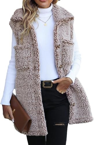 Genérico Chaleco De Piel Sintética Para Mujer Primavera Botón Cálido Color Sólido Chaleco Apilado Solapa Suelta Con Bolsillo Bolsillo Chaleco Casual Calle Tallas Grandes Chaqueta Sin Mangas (Café,L)