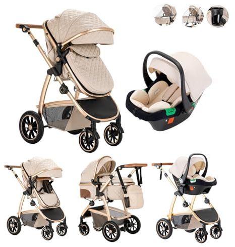Kakbgee 3 en 1 Carrito Bebé, Cochecito Bebe con ECE R129 Asiento de Coche, Cochecito con Mango Ajustable de Altura, Cochecito Carro de Visión alta con Marco de Aluminio (22KG, 0-4 Años)