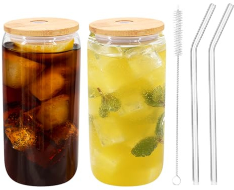 CheurYae Vasos de cerveza en forma de lata de bambú con pajitas, 500 ml, vasos de cerveza transparentes para batidos, cerveza, cola, zumos, refrescos, cócteles, leche (4)