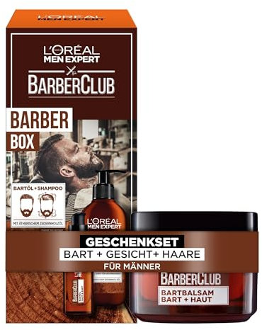 L'Oréal Men Expert Barber Club Advanced Pflegeset für Männer, Mit XXL Bartshampoo, Bartöl und Bartbalsam, Set für Herren mit holzigem Duft und ätherischem Zedernholzöl, Barber Club, 3-teilig