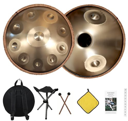 Handpan 440 Hz, 12 toni 22 pollici strumento in acciaio, tamburo handpan oro in Re minore tamburo a lingua con custodia morbida, bacchette, supporto per tamburo a mano (oro, 12 toni 22 pollici)