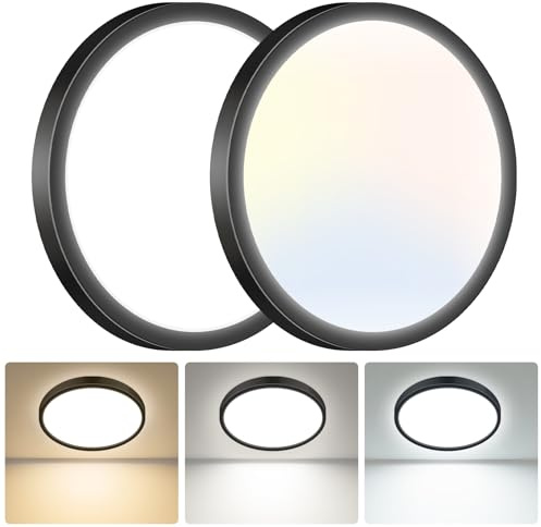 hepside LED Ceiling Light,3000K/4000K/6500K 3 Color Temperature, Waterproof IP54 LED Ceiling Lamp, Modern,Round Flush Ceiling Light for Bathroom, Living Room,Bedroom, Kitchen, Office,Ø22CM(Black)