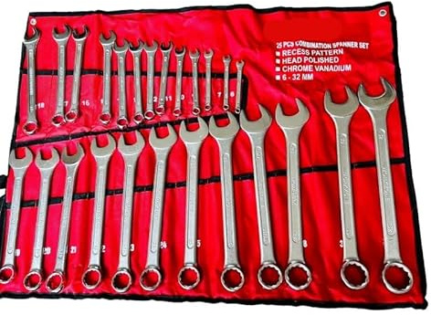 25PC Combination Spanner Set Polished Head Metric Open Ring Wrench 6-32MM in Pouch