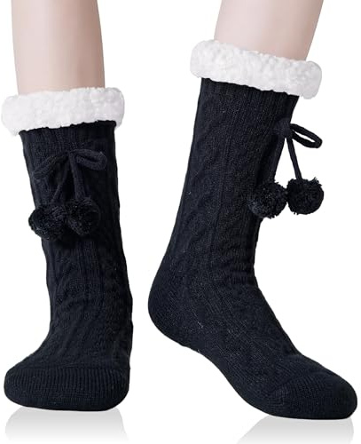 YEEKAORA Calze Antiscivolo Donna Invernali Calze Termiche a Pantofola Calzettoni Morbidi per Casa, Natalizie, Regalo di Natale Capodanno (Nero)