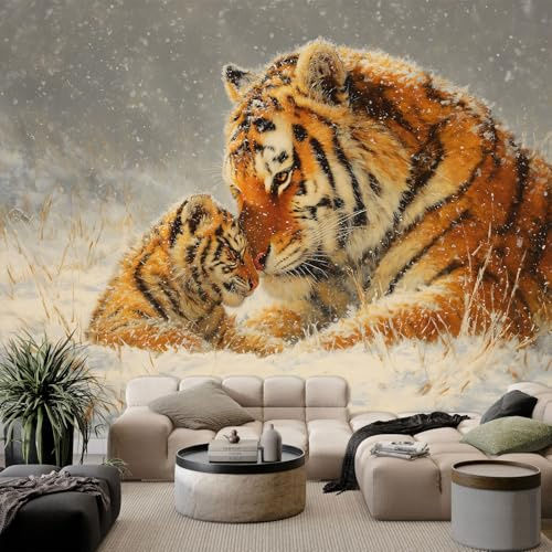 Générique Papier Peint Scène Neige Animal Tigre Panoramique 3D Jaune Papier Peint Murale pour Enfant Chambre Salon Décoration Intérieure Poster Mural XXL Grande Affiche 200 x 140 cm