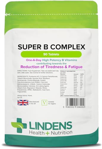 Lindens - Super B Complex Tablets - 90 Pack - UK Made - 3 Months Supply with a Full Spectrum of B Vitamins and Vitamin C - Reduces Tiredness and Fatigue - Letterbox Friendly, Vegan